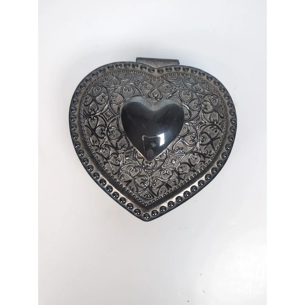 Silver Tone Heart Shaped Metal Beaded Trinket Box Blue Velvet Lined Embossed